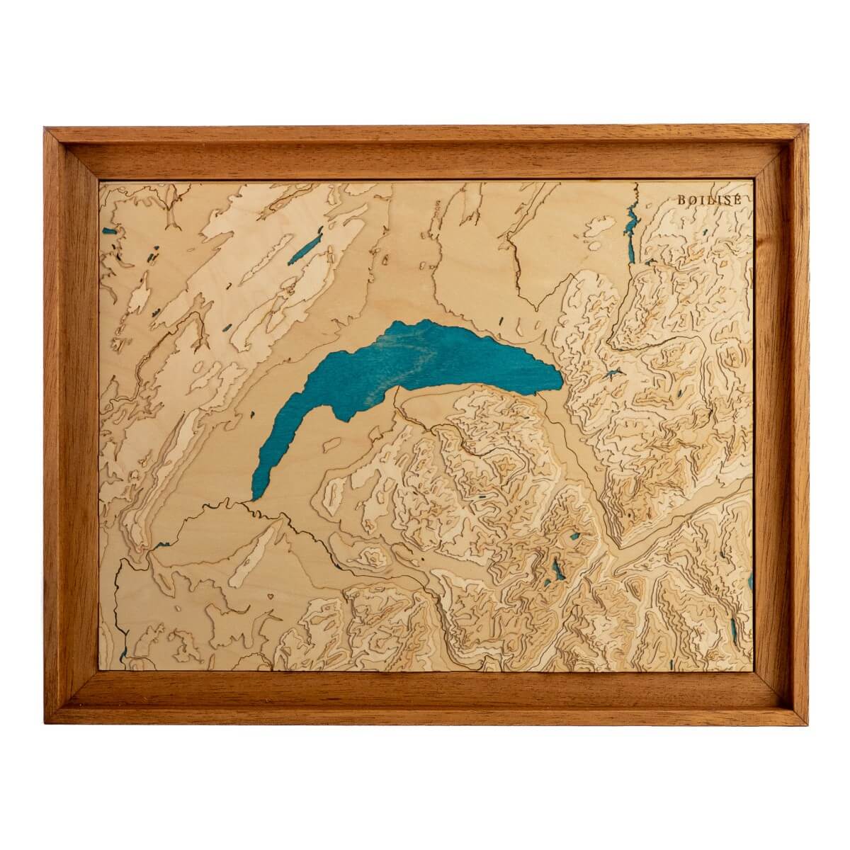 Carte topographique en bois et en relief du lac Léman