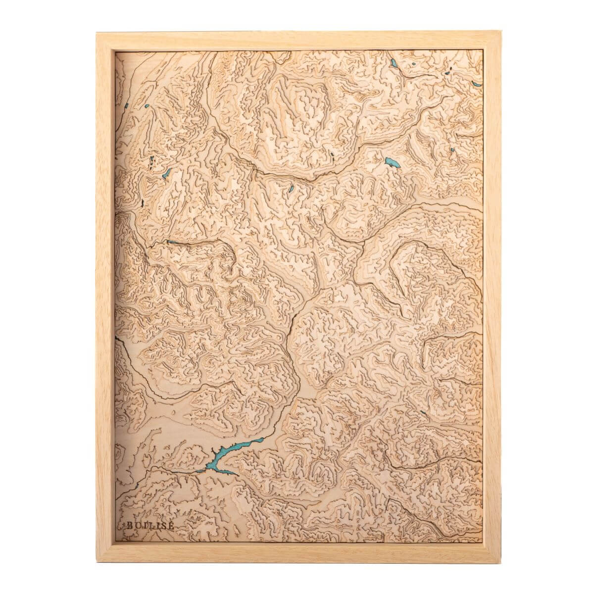 Carte des Écrins, de la Vanoise et des Alpes cottiennes en bois avec eau turquoise