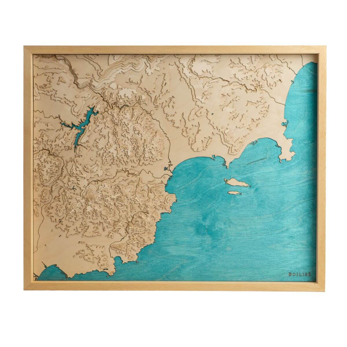 Carte de l'Estérel, des pays de Fayence et Lérins en bois avec eau turquoise