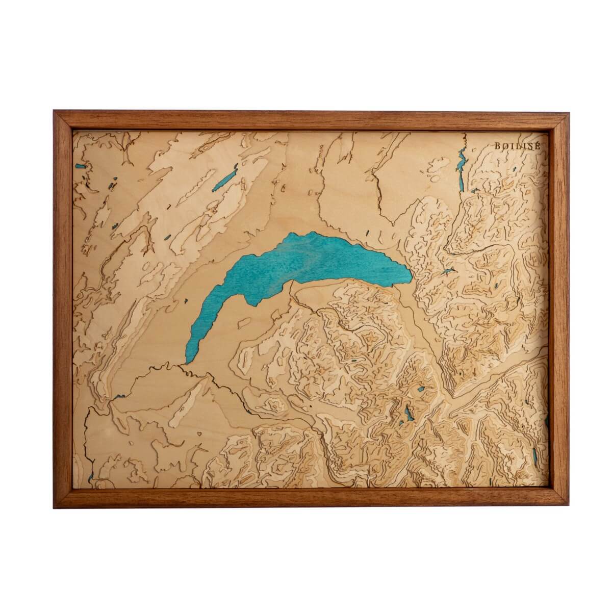 Carte du lac Léman en bois avec eau turquoise