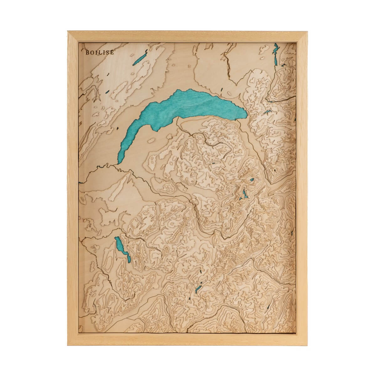 Carte du lac Léman et de la Savoie en bois avec eau turquoise