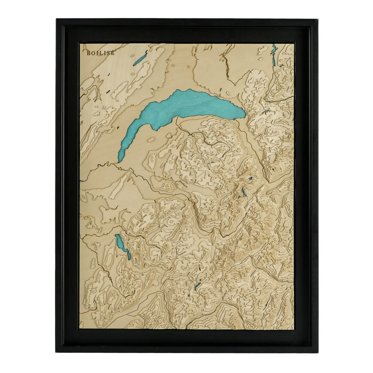 Le lac Léman et la Savoie en relief encadré dans une caisse américaine noire