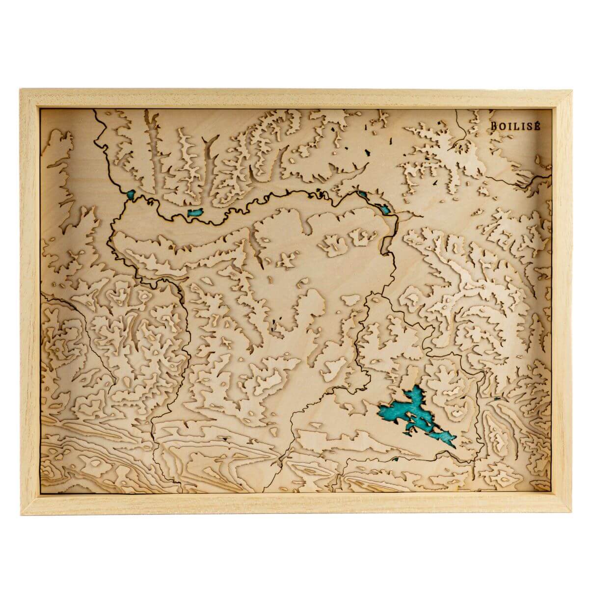 Carte du pays de Mirepoix en bois avec eau turquoise