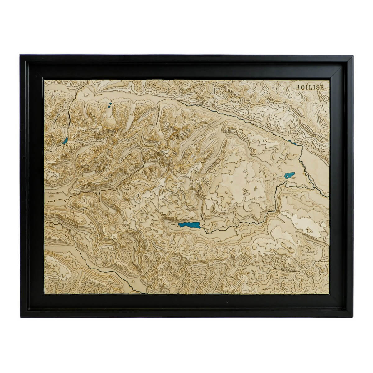 Carte topographique en bois et en relief des Alpes Juliennes encadrée dans une caisse américaine noire