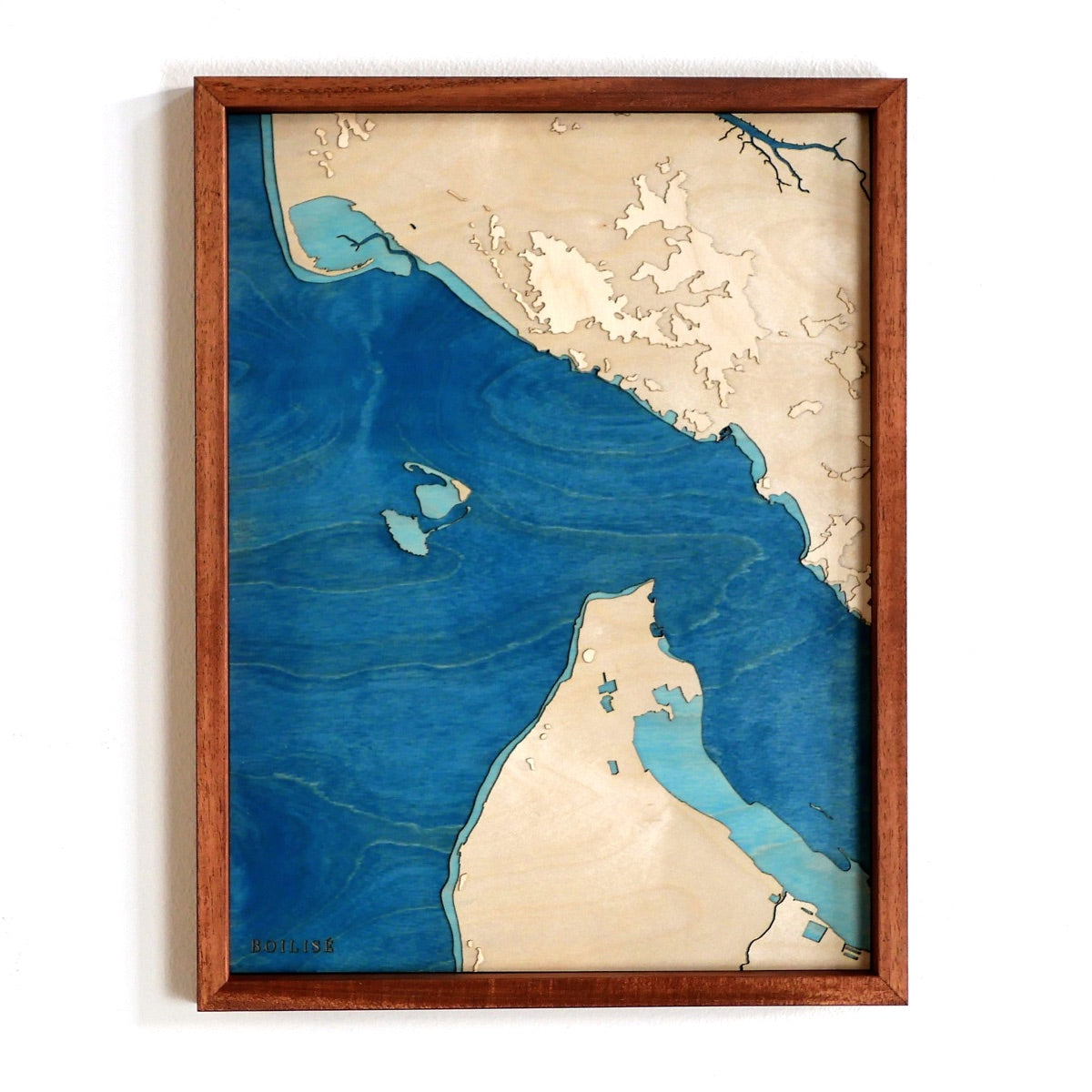 Carte en bois de l'estuaire de la Gironde, cadre standard brun et océan bleu marine