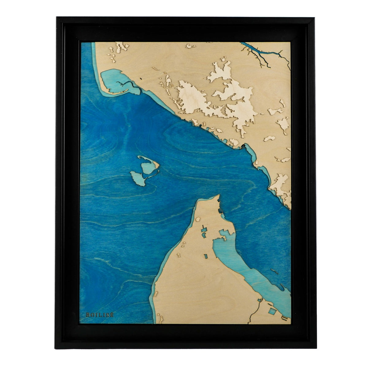 Carte en bois de l'estuaire de la Gironde, caisse américaine noire et océan bleu marine