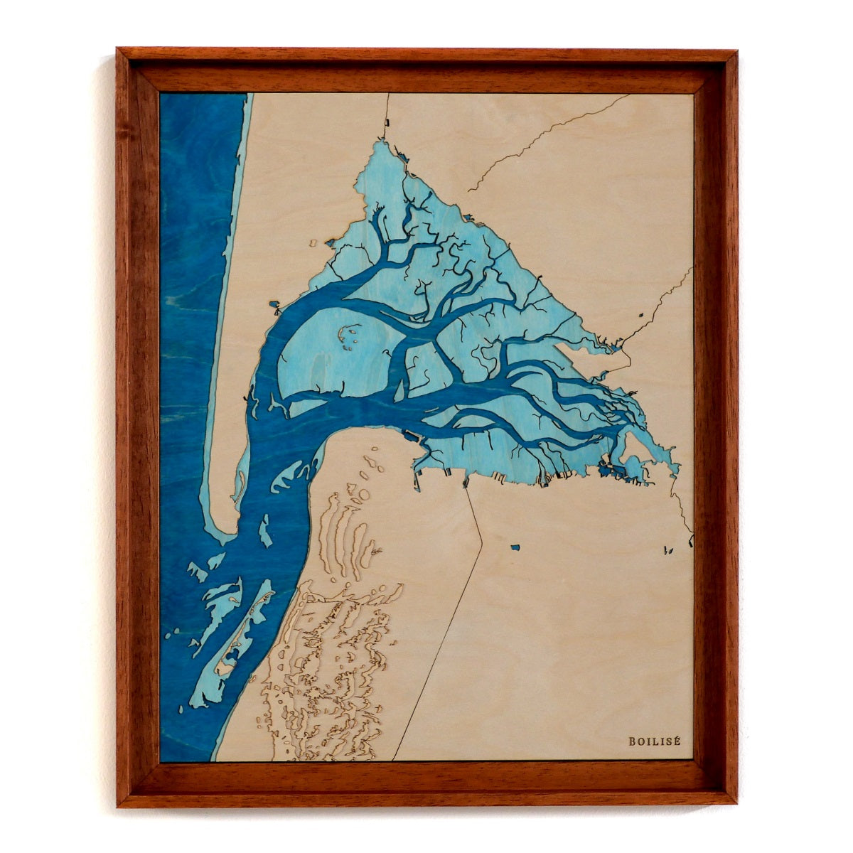 Tableau du bassin d'Arcachon, caisse américaine brune et océan bleu marine