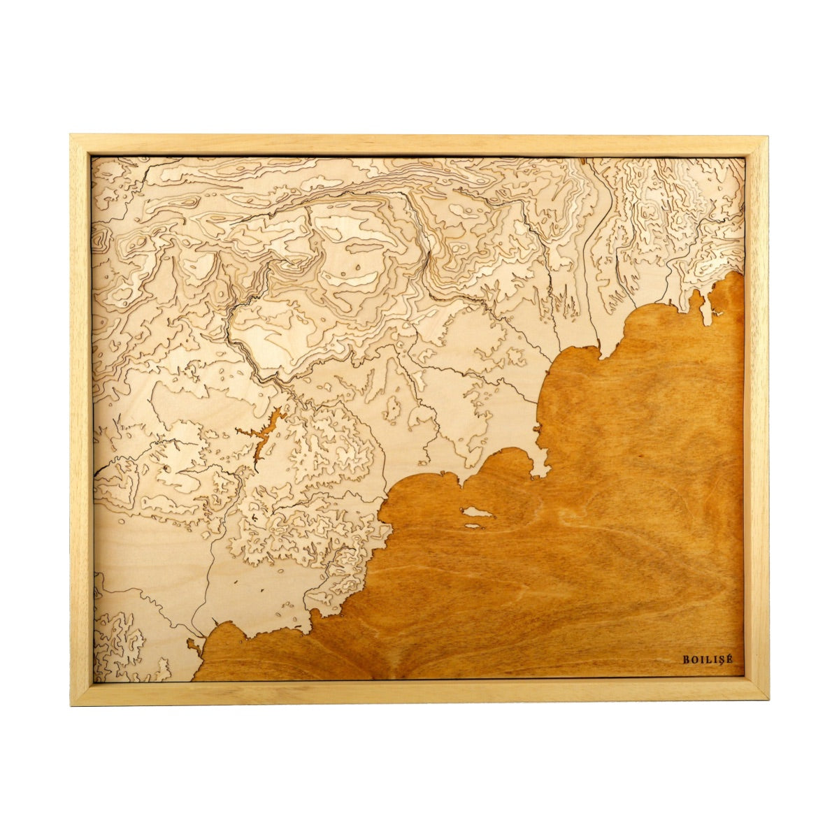 Tableau du relief de la côte d'Azur en bois dans un cadre brut