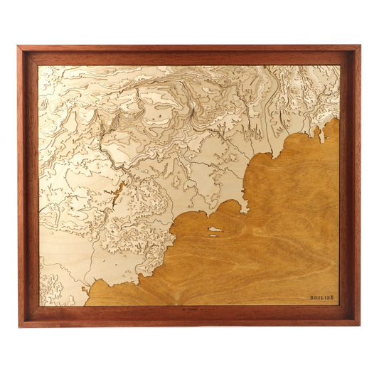 Carte topographique en bois de la côte d'Azur encadrée dans une caisse américaine brune