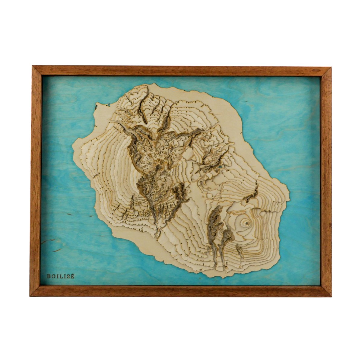Carte topographique en bois de l'île de la Réunion, eau turquoise et cadre brun