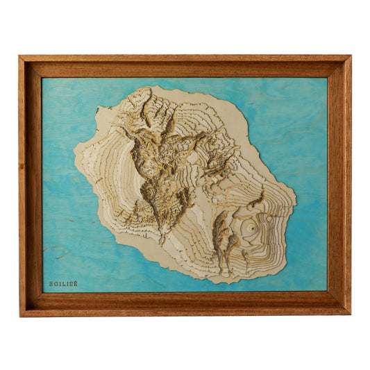 Carte topographique en bois de l'île de la Réunion, eau turquoise et caisse américaine