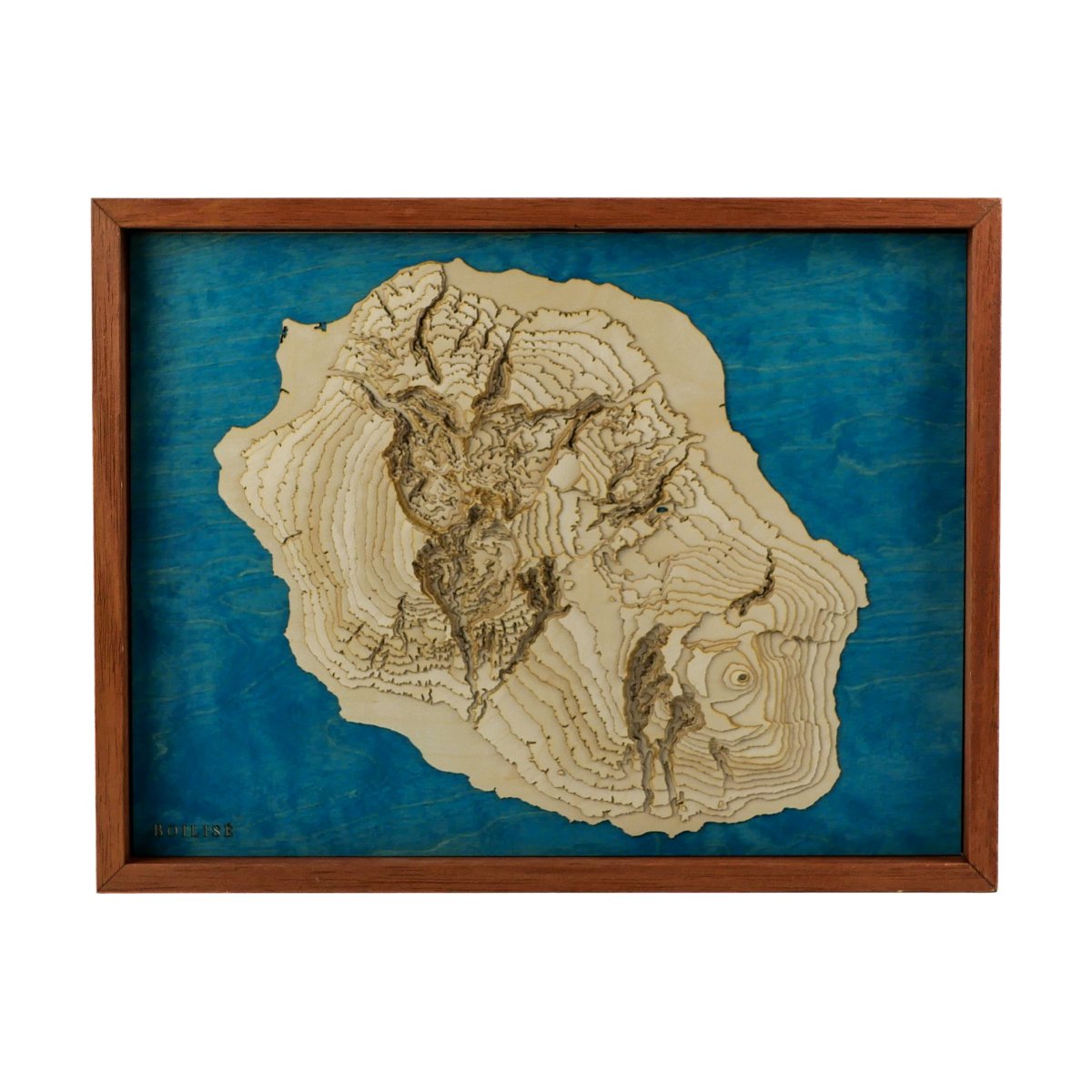 Carte topographique en bois de l'île de la Réunion, eau bleue marine
