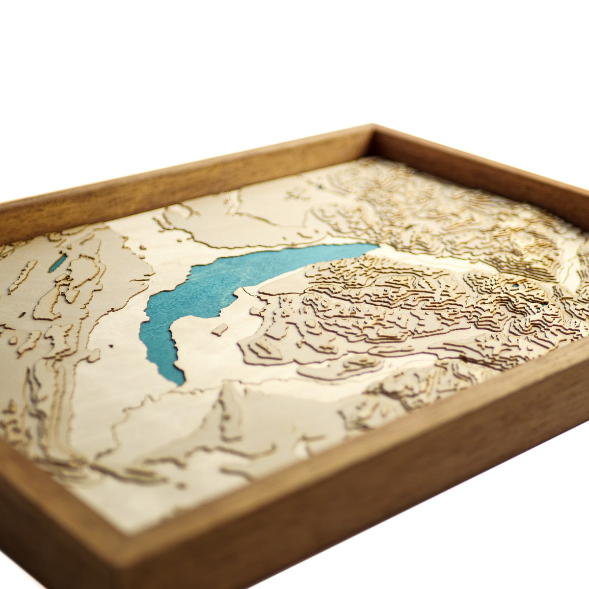 Détails du relief de la carte du lac Léman en bois