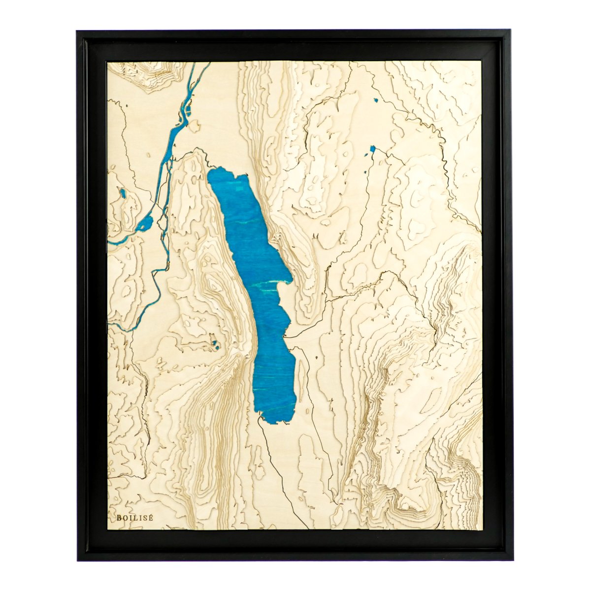 Tableau représentant le lac du bourget avec les contours altimétriques en bois