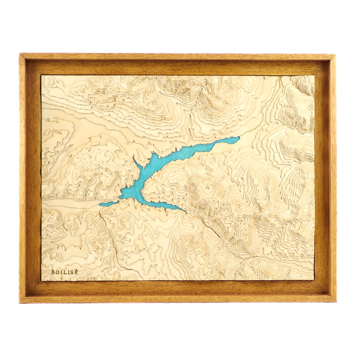 Carte du lac de Serre-Ponçon en relief dans une caisse américaine en bois