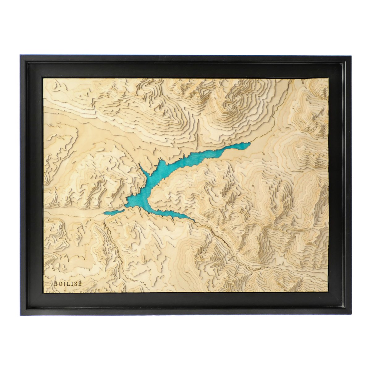 Carte du lac de Serre-Ponçon turquoise en bois et en relief dans une caisse américaine noire