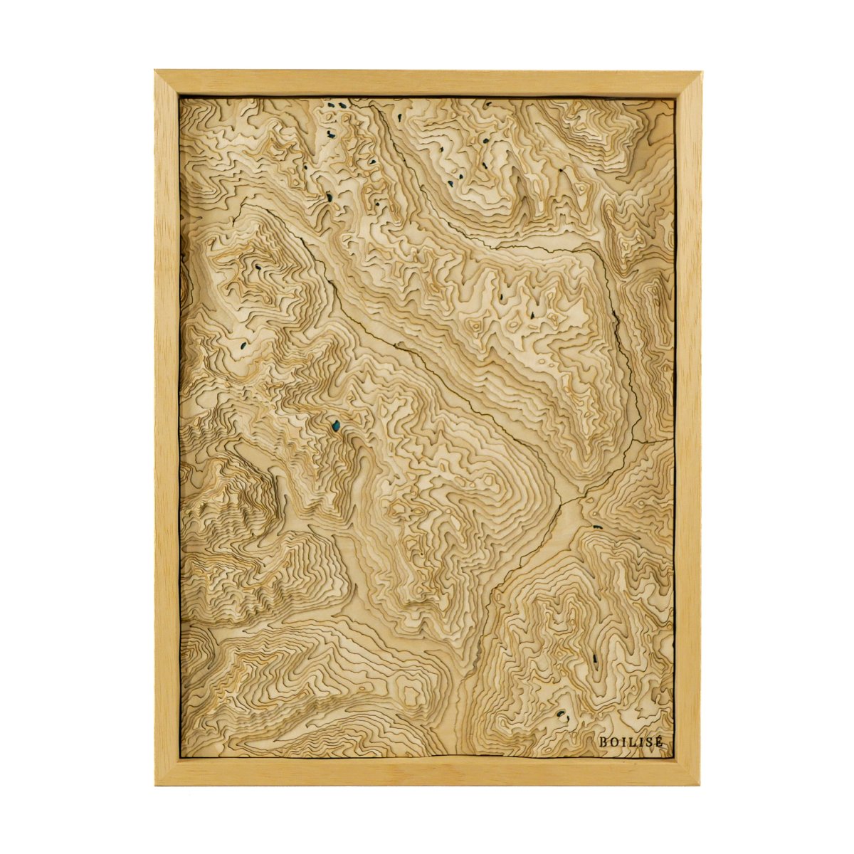Tableau en relief de la vallée de Briançon, cadre standard brut et lacs bleus marine