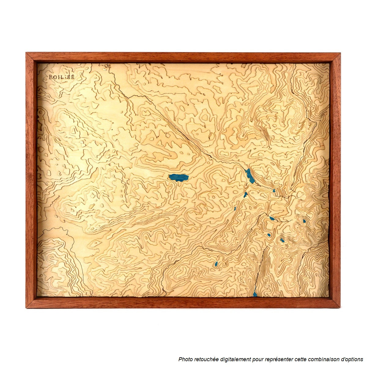 Carte topographique en bois du relief des ballons des vosges avec lacs bleus marine et cadre standard brun